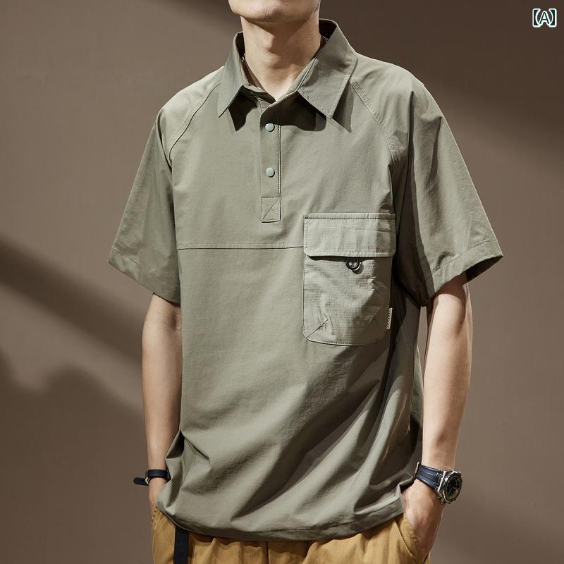 ポロシャツ ハイエンド アメリカン コントラスト ポケット ワークウェア 半袖 男性用 夏 レトロ Tシャツ メンズ カジュアル 都会的 レジャー ストリート