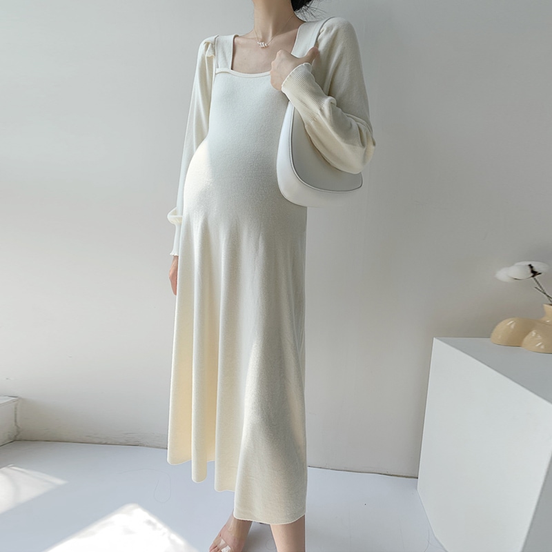 【送料無料】マタニティ ワンピース ニット スクエアネック パフスリーブ フレア 2色