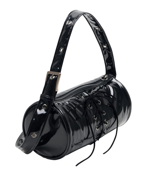2WAY BELTED STRAP BARREL BAG SMALL_GLOSSY BLACK