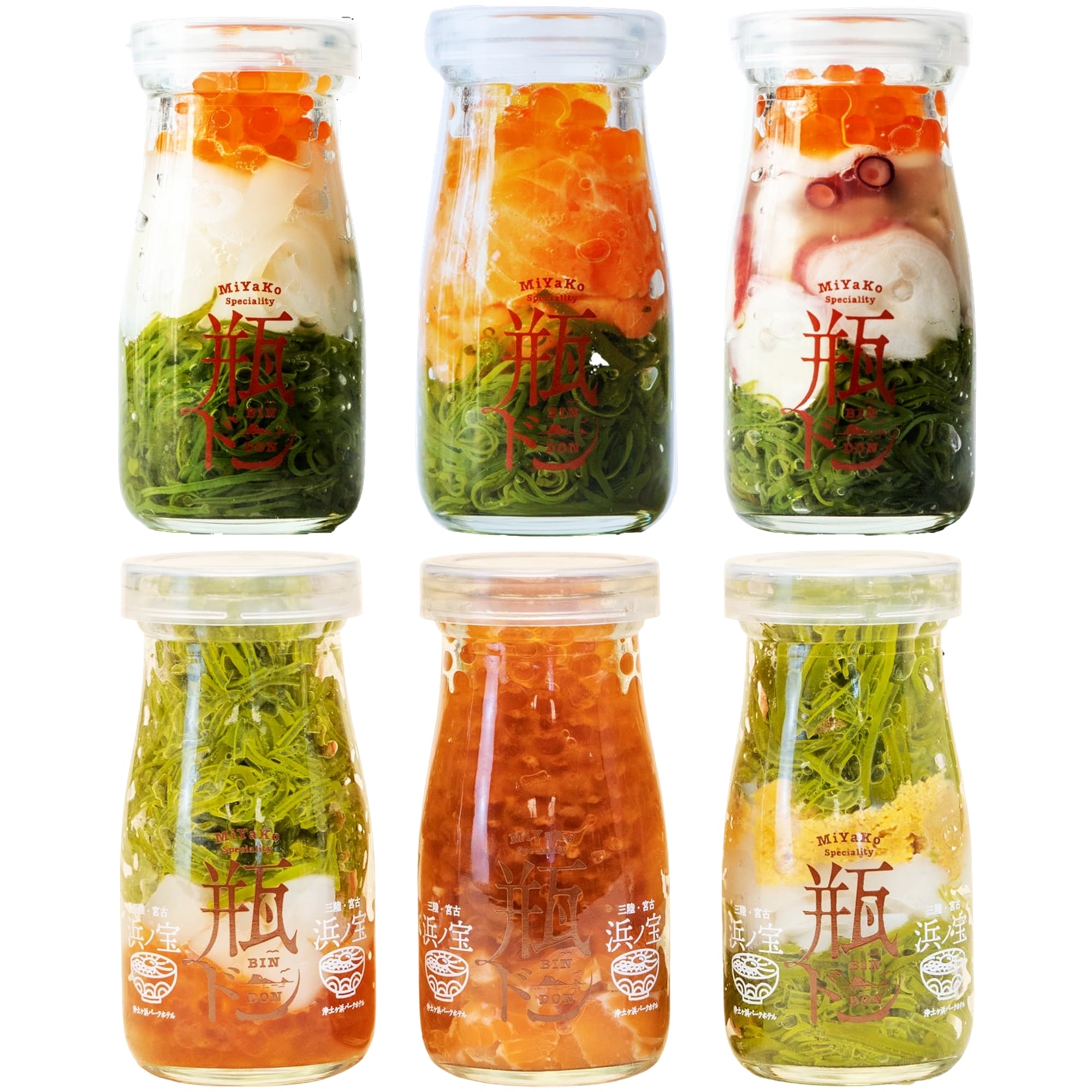 川秀 瓶ドン イカ タコ サーモン 海鮮ミルフィーユ 紅葉漬 焼きウニミルフィーユ 6本 セット 浄土ヶ浜パークホテル 海鮮丼 ギフト お取り寄せ イクラ メカブ 瓶どん 瓶丼 三陸 岩手 宮古 海鮮