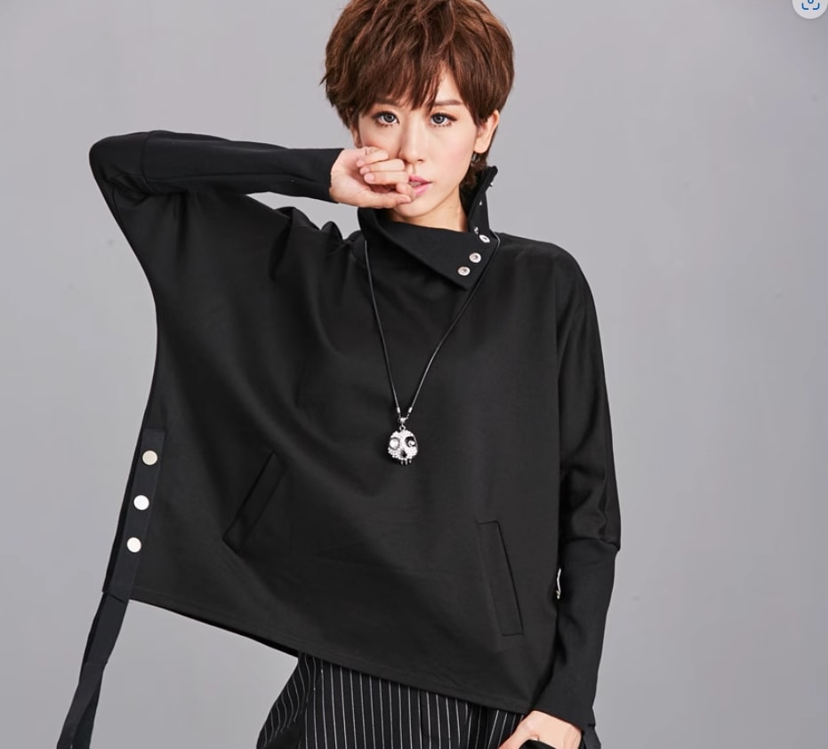 レディース トップス プルオーバー スウェット 長袖 ハイネック ワイド サイドボタン ポケット 伸縮性 シンプル カジュアル ルーズ 個性的 無地 春 秋 お出かけ 休日 楽ちん 普段使い 着回し