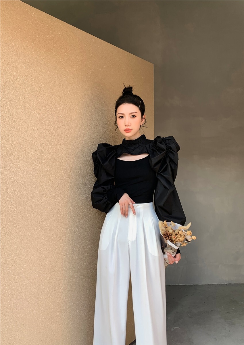 トップス ブラウス ニットソー 袖あり 長袖 ボリューム袖 クルーネック 襟なし パフスリーブ ランタンスリーブ スリム タイト 細身 リブ きれいめ シンプル 大人 おしゃれ お洒落 大人可愛い