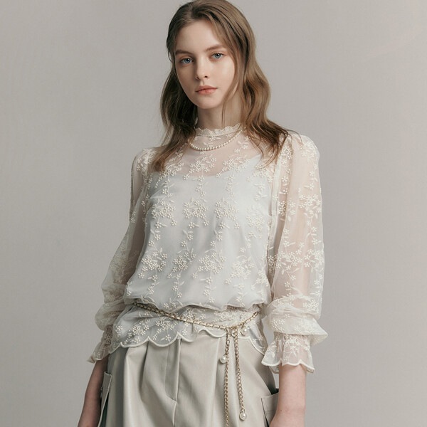 トップス シャツ ブラウス ミディアム丈 長袖 ハーフハイカラー レース 刺繍 透け感 シースルー 大人可愛い きれいめ 大人 上品 おしゃれ 大人女子 こなれ感 ラブリー キュート ガーリー 個性的