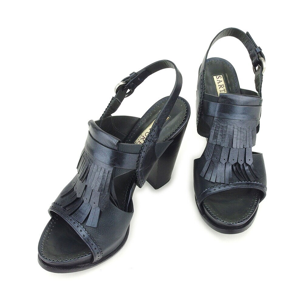 サンダル シューズ 靴 タッセル 35ハーフ チャンキーヒール ネイビー ブラック シルバー 中古