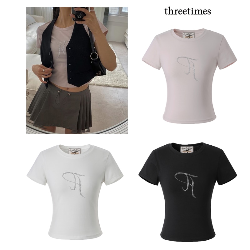 Jewel tee 半袖 Tシャツ クロップド トップス ショート丈 クルーネック ミニ チビT へそ出し 韓国 レディース ブランド フィット おすすめ 人気 コーデ かわいい フェミニン