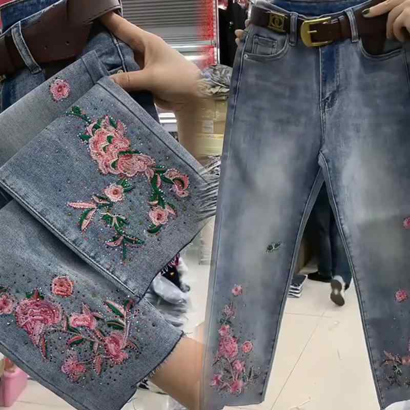デニム パンツ ボトムス レディース ジーンズ 秋 刺繍 ハイウエスト ストレート 耐摩耗 青 花柄