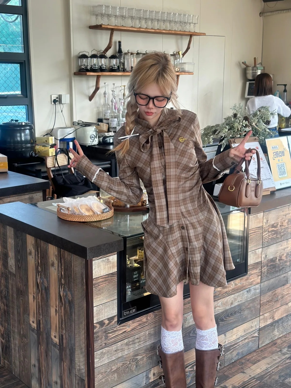 Domx 春秋ウエスト痩せ見えレトロ長袖ワンピースレディース膝上チェック柄ロングスカート韓国風フレンチスカートドレス