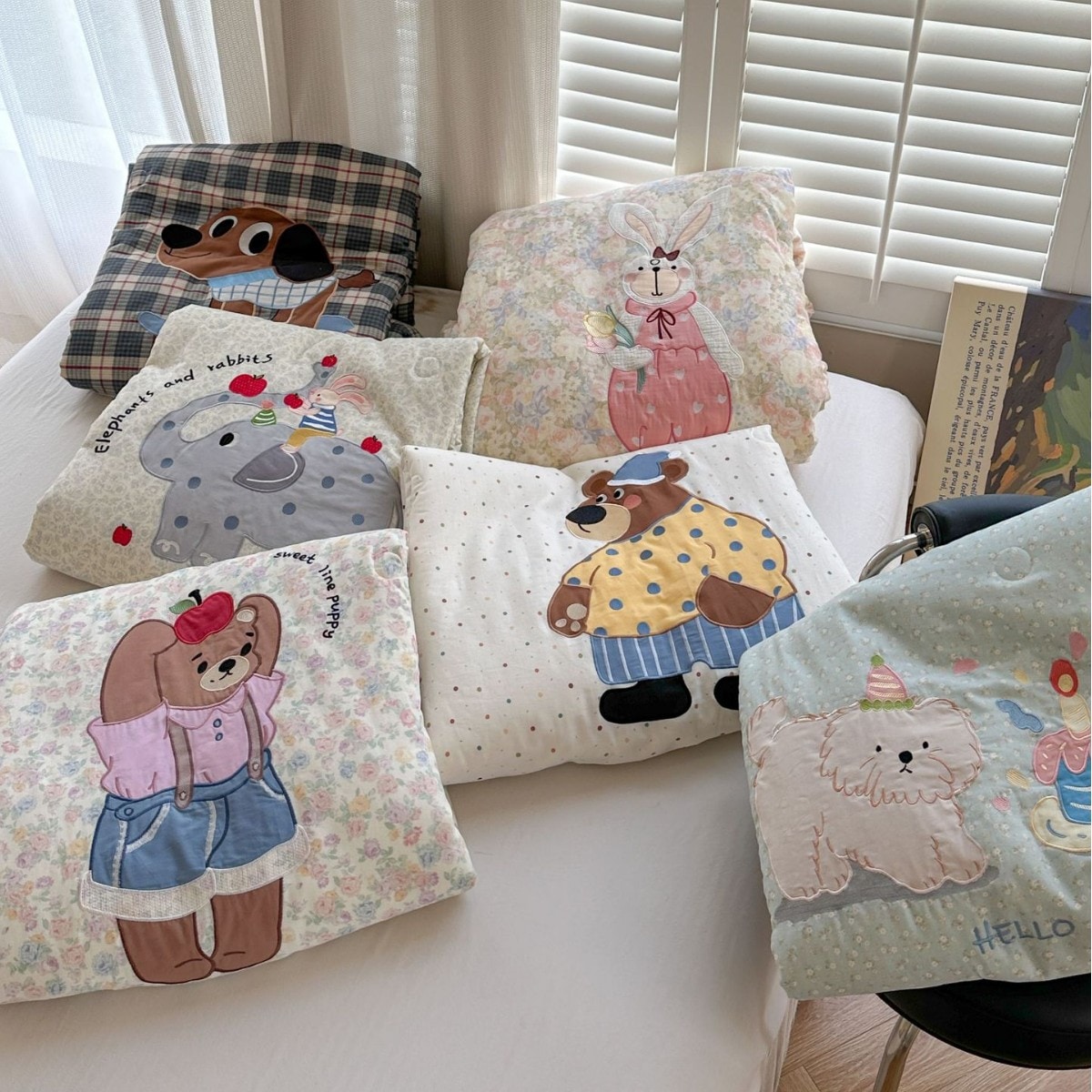 5.12【迅速な発送】カートゥーン 可愛い カートゥーン 和風 純綿 刺繍 ガーゼ 夏 掛け布団 シーツ 4点セット 全面綿 レース端 夏掛け布団