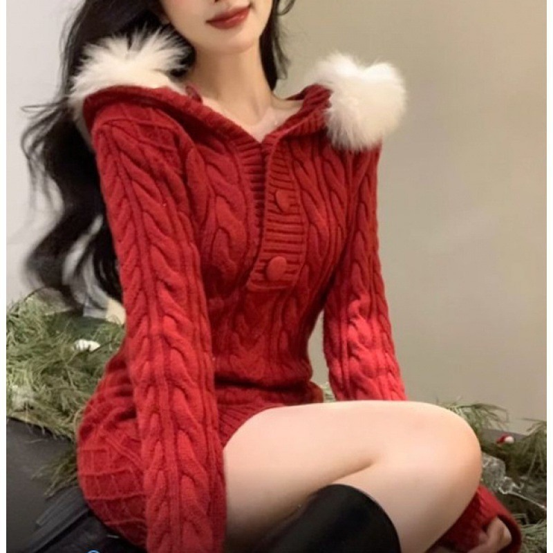 新年婦人服 2024 クリスマス毛皮の襟ツイストプルオーバーセータースカート女性のセーターミッドレングスウエストスタイルとアウター 4,954円