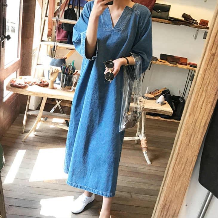 【新作登場】レディースデニムワンピースVネック長袖ミモレ丈膝下丈ロング丈スカートトップスカジュアルキュート大人可