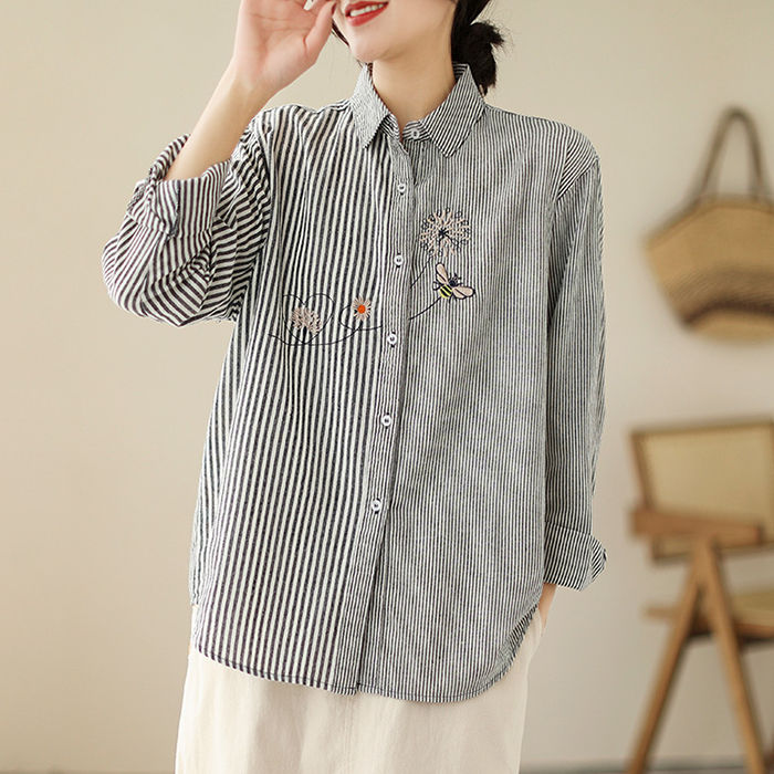 シャツ ブラウス レディース 長袖 春 トップス ストライプ 刺繍 柔らかい シャツブラウス チュニック 折り襟 ナチュラル 着回し オフィス 大人 事務服 ゆったり アウター 体型カバー シンプル 6,974円