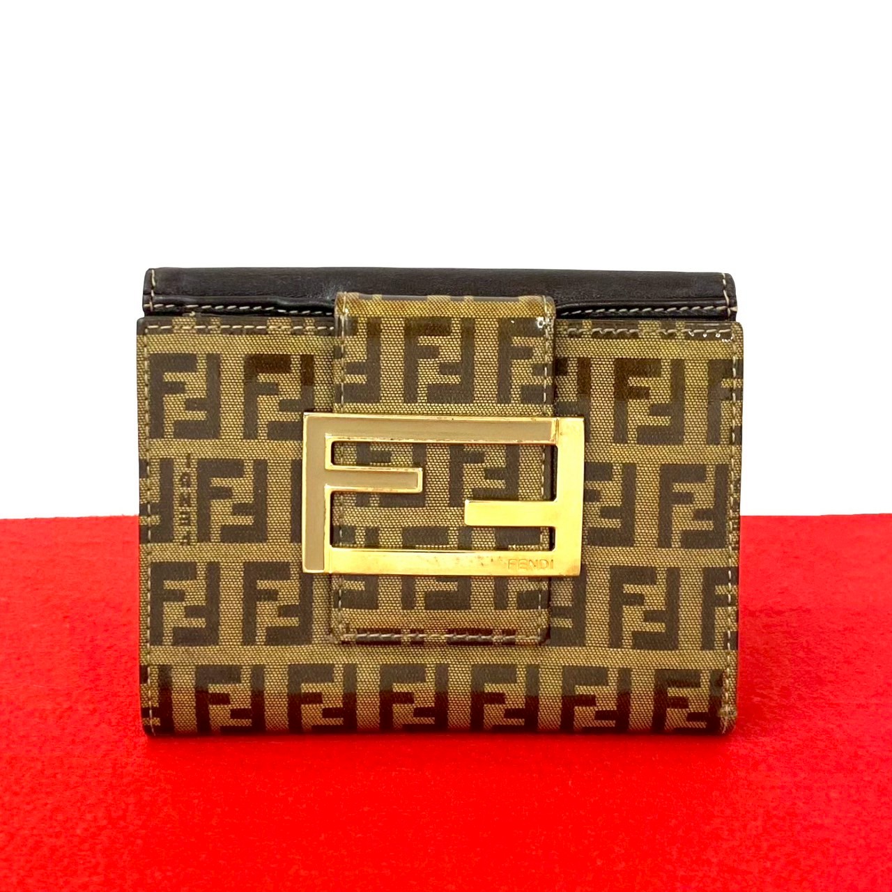 ヴィンテージ ズッキーノ FF 柄二つ折り財布 レザー パテントレザー ブラウン 37343