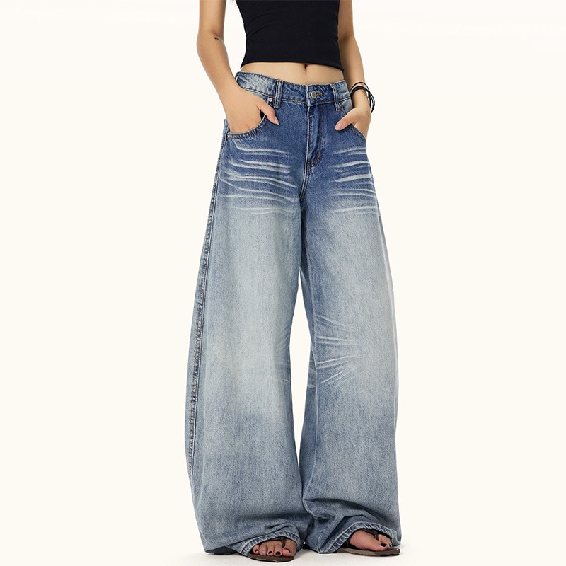 Autumn Mid-Low Waist Jeans American Whisker Design 2025 Fashion Distressed Washed Slimming Look Wide