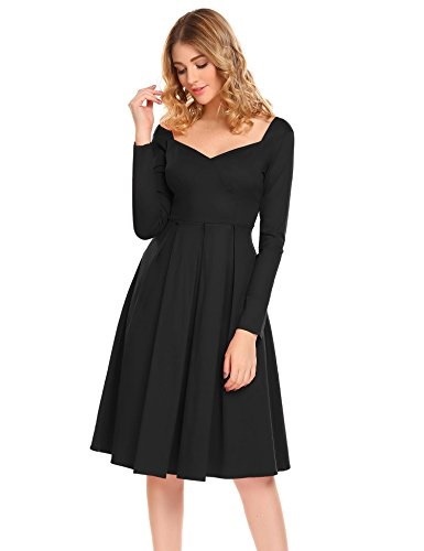 [sb]ACEVOG Womens Vintage Long Sleeve Pleated Swing Cocktail Party Dress[USA]