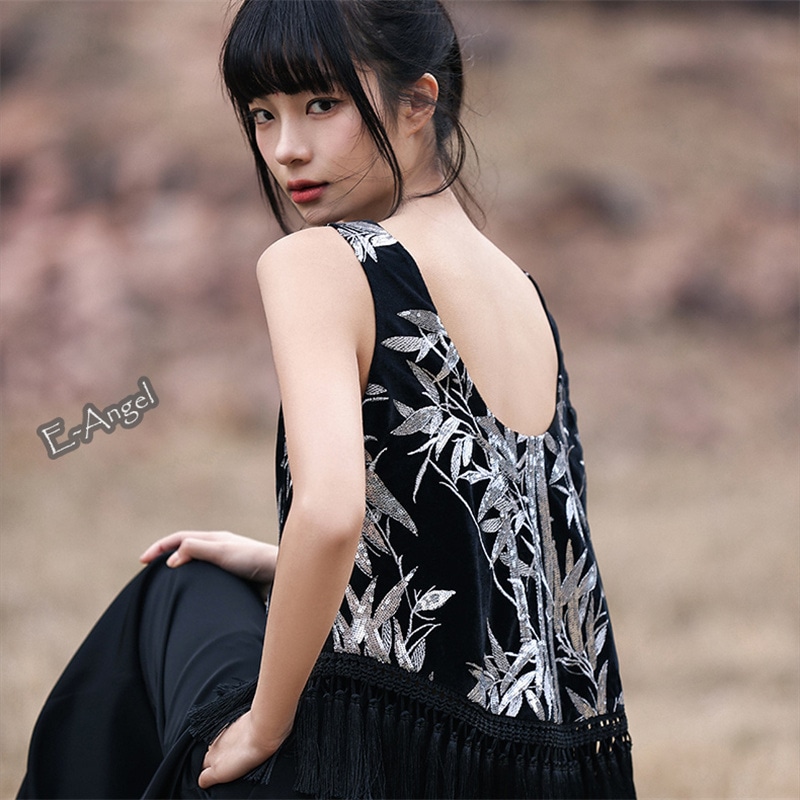 ノースリーブトップス レディース バックレス スパンコール竹葉刺繍 切り替えtシャツ 夏 黒 ラウンドネック フリンジ タッセル セクシートップス