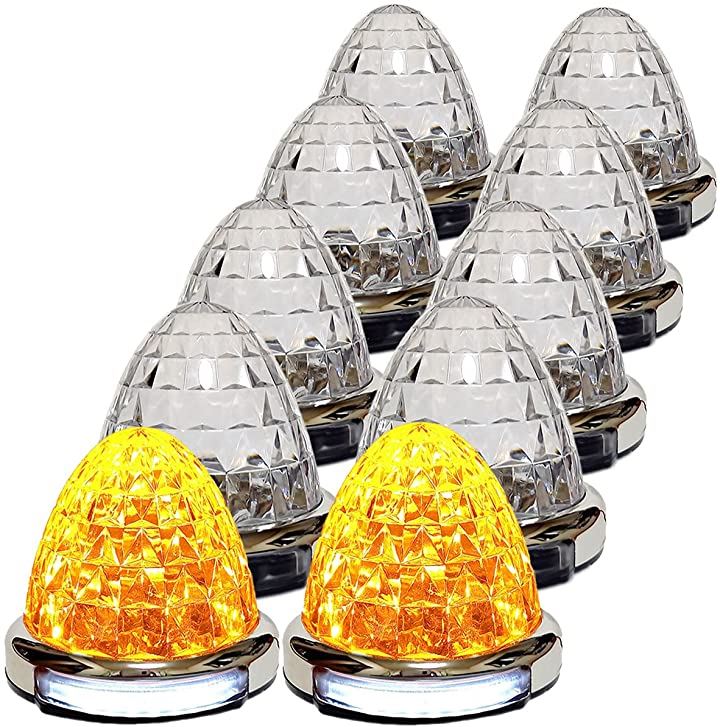 カスタマイズ 12V 24V トラック用 LED マーカーランプ 路肩灯機能付 サイド メッキリング 5面クリスタルカット仕様 22LED 汎用(オレンジ, 10個セット)