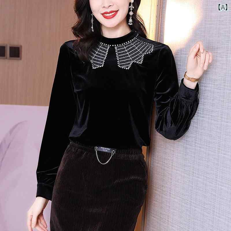 レディース シャツ トップス 長袖 スタンドカラー 起毛 ベロア ビーズ刺繍 フェミニン 豪華感 おしゃれ フレンチ 豪華感 外出着 オフィス ビジネス 旅行 食事会