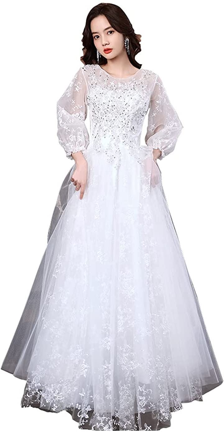可愛い ウェディングドレス 二次会ドレス 結婚式 プリンセスラインドレス 姫系 パーティードレス 新婦 挙式 ブライダル 袖あり 発表会 ロングドレス(白B-長い, M)