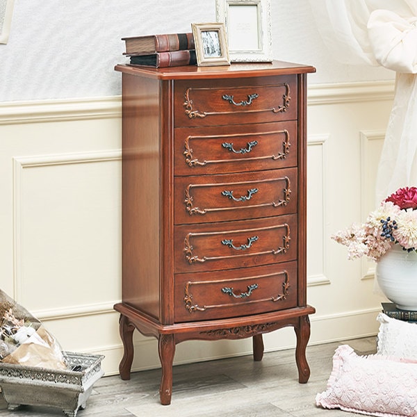 チェスト 5段 クラシック調 マホガニー前板 猫脚 幅52cm サイドチェスト リビング収納 天然木 木製 タンス リビングボード 収納 サイドボード ブラウン 茶色 シック 高級感 おしゃれ