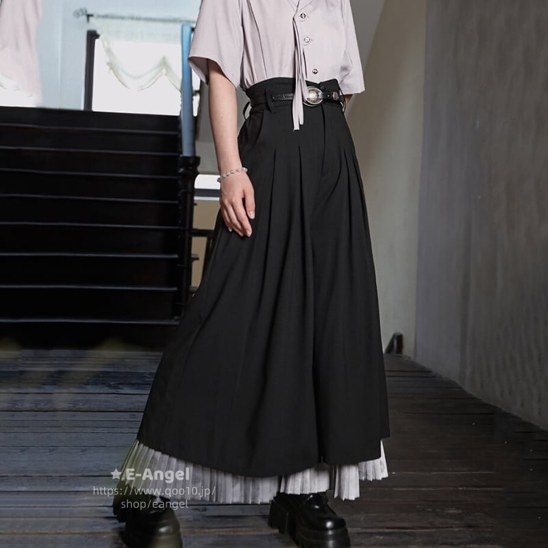 ワイドパンツ レディース きれいめ 夏 チャイナ風ズボン ガウチョパンツ ロング 黒 切り替え レイヤード 薄手/厚手 飄逸 個性的