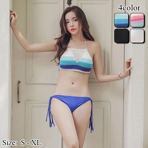 【グラシア】 水着 ビキニ レディース ビーチウェア スイムウェア 流行 海 プール かぎ針網 フリンジ タッセル クロシェ タッセル ビキニ ファッショナブル 健康的 色気 ホワイト ブラック ブル