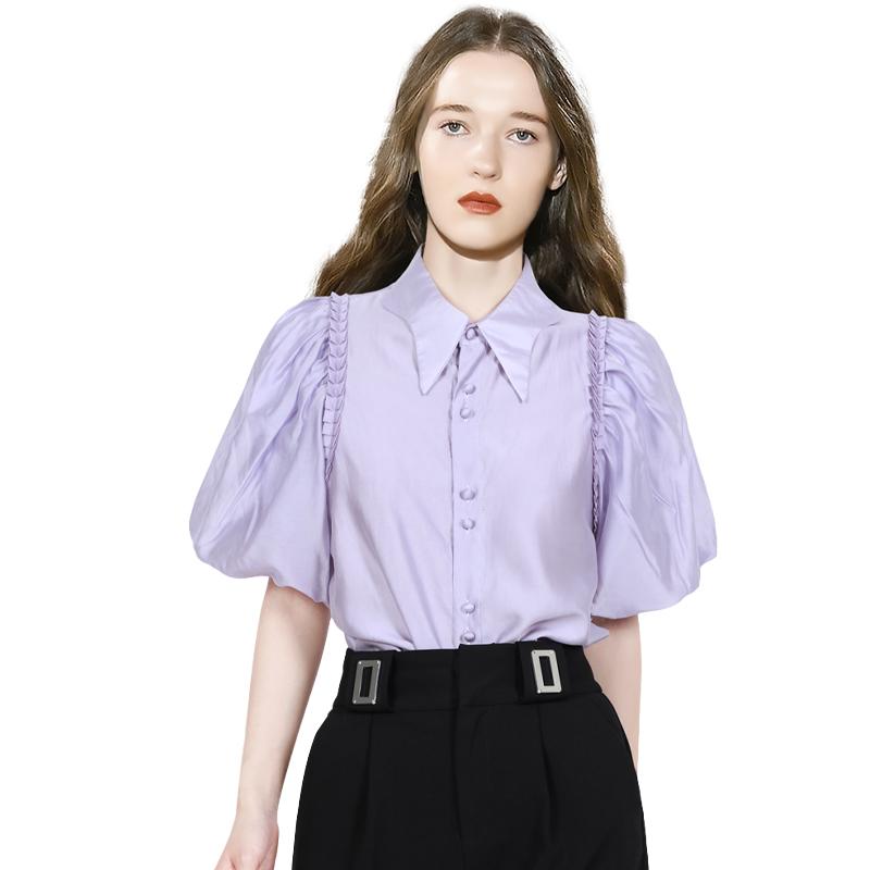 パフスリーブ 半袖 トップス シャツ レディース 春夏 フレンチ ランタンスリーブ スリムフィット シングルブレスト シンプル エレガント とろみ 大きいサイズ 多用途 紫