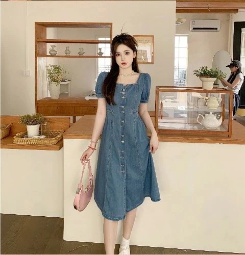 【急速出荷!】大ヒット デニムワンピース ひざ丈ワンピース ミディアム丈ワンピース 半袖 パフスリーブ シンプル カジュアル かわいい レディース【大きいサイズ レディース 春夏 結婚式 きれいめ タ