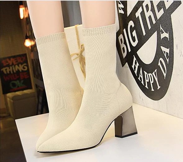 ウール ニット ブーツ 太ヒール 歩きやすい カラー豊富 秋冬 アプリコット ベージュ