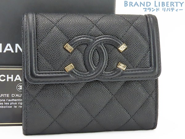 美品シャネルCCフィリグリースモールフラップウォレットキャビアスキン三つ折り財布コンパクト財布ブラック
