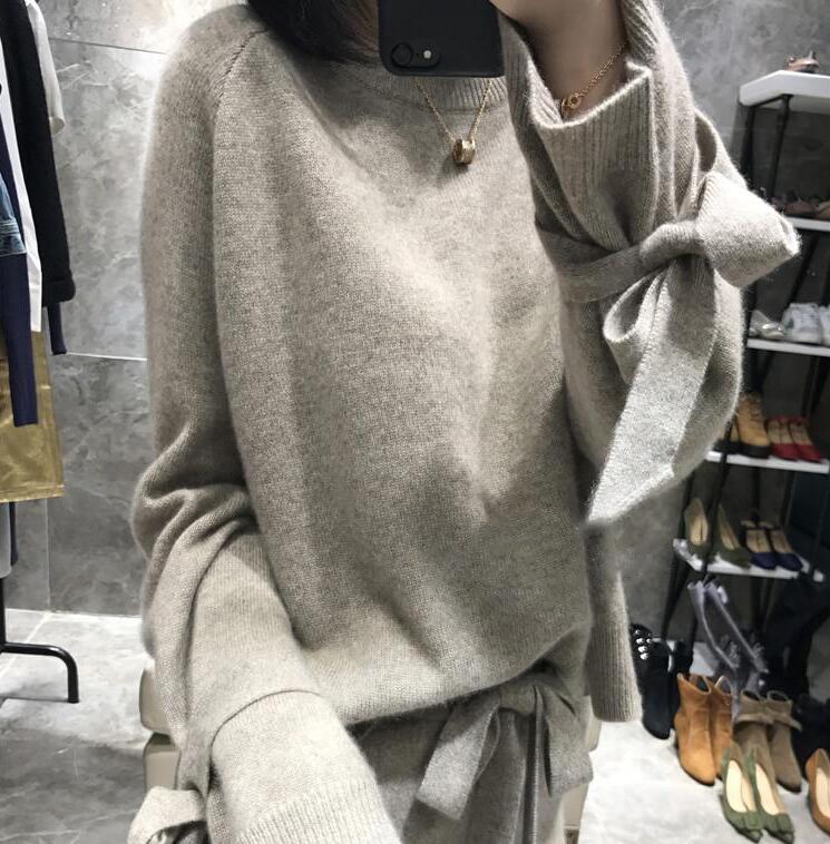 ニットセットアップ　リボン　ガウチョパンツ　ワイドパンツ　ロングパンツ　トップス ニット　セーター　プルオーバー　 着痩せ　レディース 秋 冬