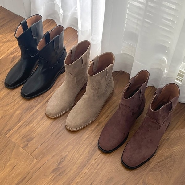 ショートブーツ スクエアトゥ フラット レディース ローヒール 黒 茶 ブラック ブラウン ベージュ レザー スエード 歩きやすい 痛くない 靴 婦人靴 韓国