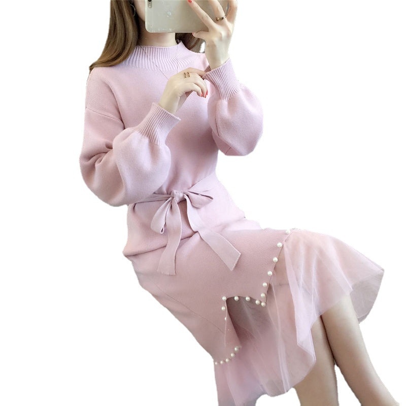 韓国 パール デザイン 長袖 ニット レディース 裏起毛 ロングワンピース 冬 防寒 暖か