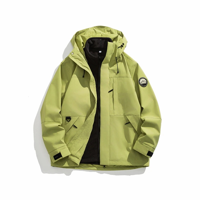 男性と女性のための屋外防風ジャケットカラーブロックスリーインワンフード付き防水性と防風性カップルやハイキングに適しています