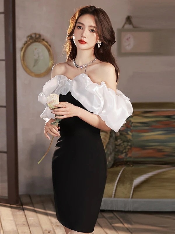 バブルスリーブドレス 軽い豪華な高い宴会のイブニングドレ 気質フレンチワンショルダーリトルブラックドレス パーティードレス ウェディングドレス 結婚式ドレス