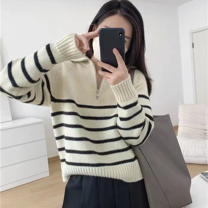 韓国版半ファスナーのストライプカバー100純ウールのセーターがゆったりしています 4,916円
