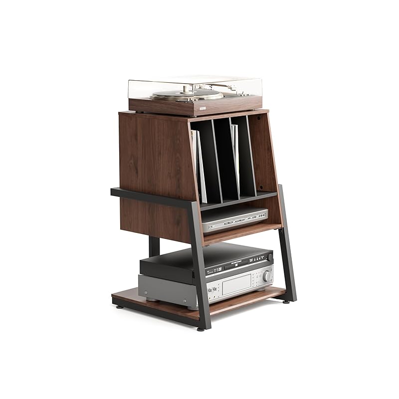 FITUEYES DESIGN レコードプレーヤースタンド レコード台 3層収納スペース レコード最大120枚収納可能 キャスター付き可能 ウォールナットパーティクルボード おしゃれ リビングルーム