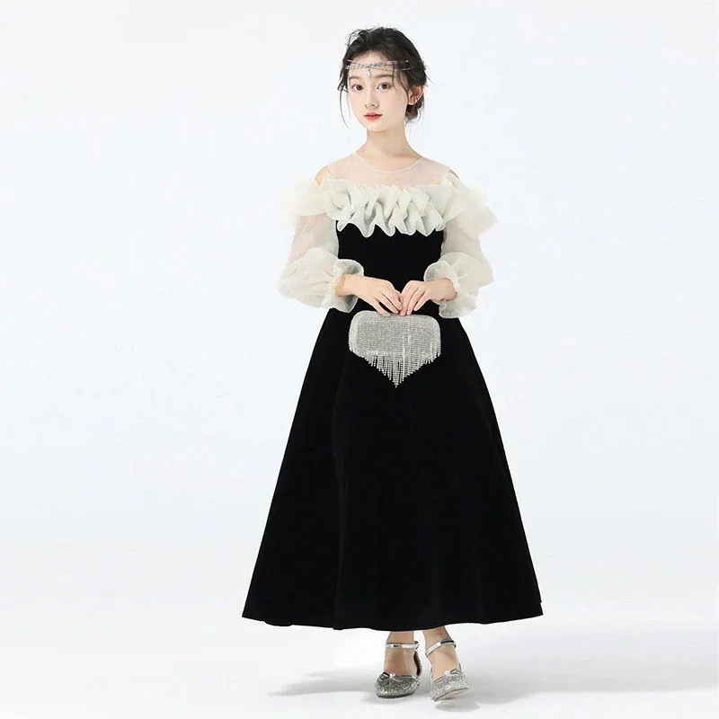 [よい商品]子供ワンピース ドレス 結婚式 フォーマル スカート 女の子 二次会 花嫁 キッズドレス 子供服 パーティー Aラインドレス ブラック 子どもドレス 発表会 ピアノ 袖あり コンテスト コ