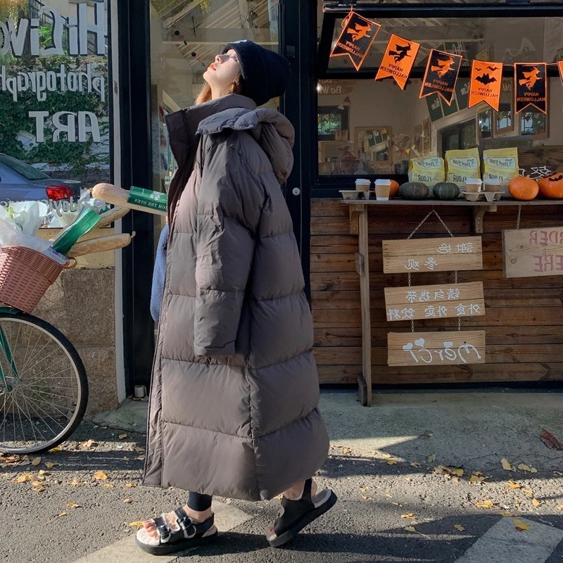 グレーフード付き超ロング膝上ダウンジャケット冬肥厚韓国版ルーズホワイトダックダウンジャケット 10,768円
