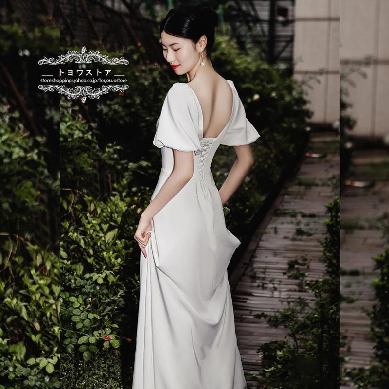 ウェディングドレス結婚式二次会前撮りホワイト花嫁パフスリーブ白ロングドレス披露宴編み上げパーティードレスブライダル作ピアノ演奏会