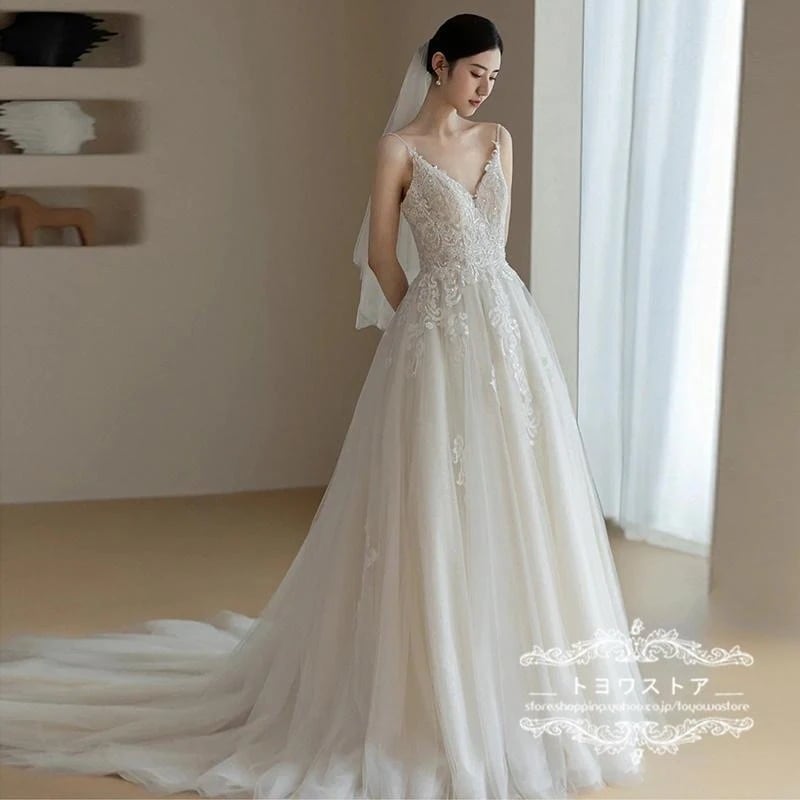 姫ウェディングドレスAライン上品ウエディングドレス二次会花嫁パーティードレス披露宴ブライダル結婚式ロングドレストレーン付き前撮り