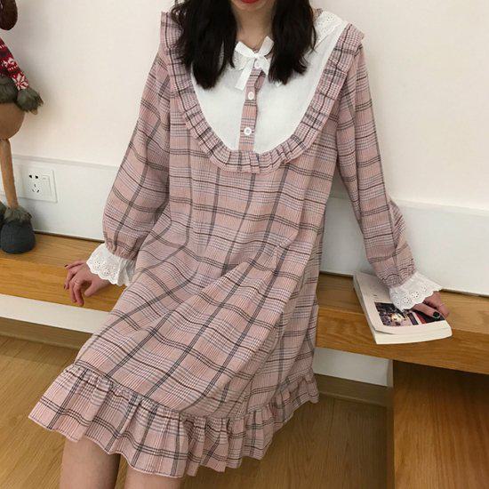 ルームウェア レディース ワンピース チェック 秋 長袖 ナイトウェア ナイトドレス レース フリル リボン ネグリジェ ガーリー 可愛い パジャマ 寝間着 部屋着 ミディアム おうち時間 おうちコー