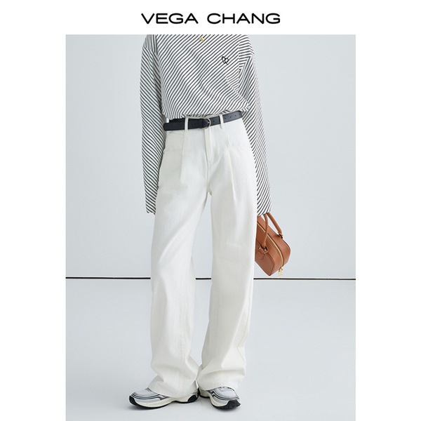 VEGA CHANG2025 春と秋の新レトロルーズ香港スタイルストレートパンツ起毛カール 9 点ジーンズ