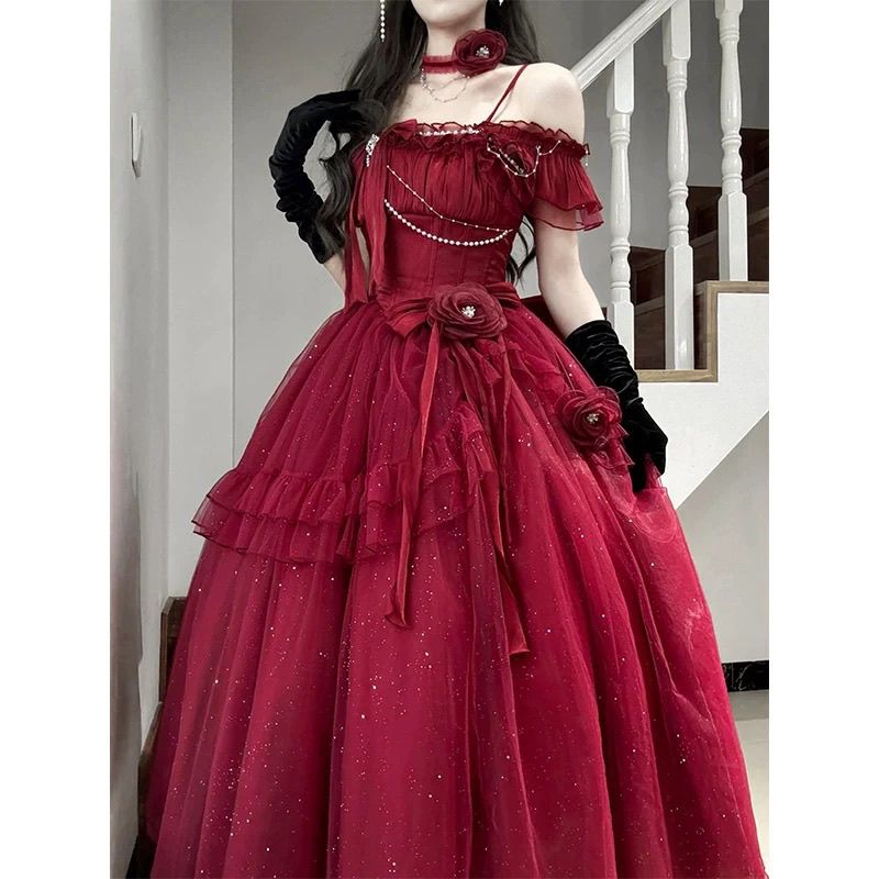 【2枚購入で 3oo円OFF！】エレガントな燃える赤いウェディングドレスロリータドレスレディースドレスロリータバースデーアダルトガウン