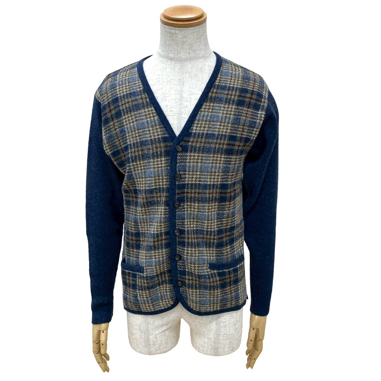 チェック 柄カーディガン ウール ネイビー 71131