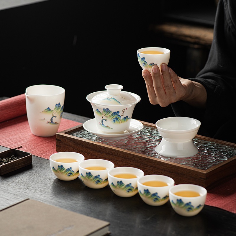 羊脂玉徳化白磁カンフー茶器セット蓋碗茶碗公道杯軽贅沢陶磁器家庭用祝日