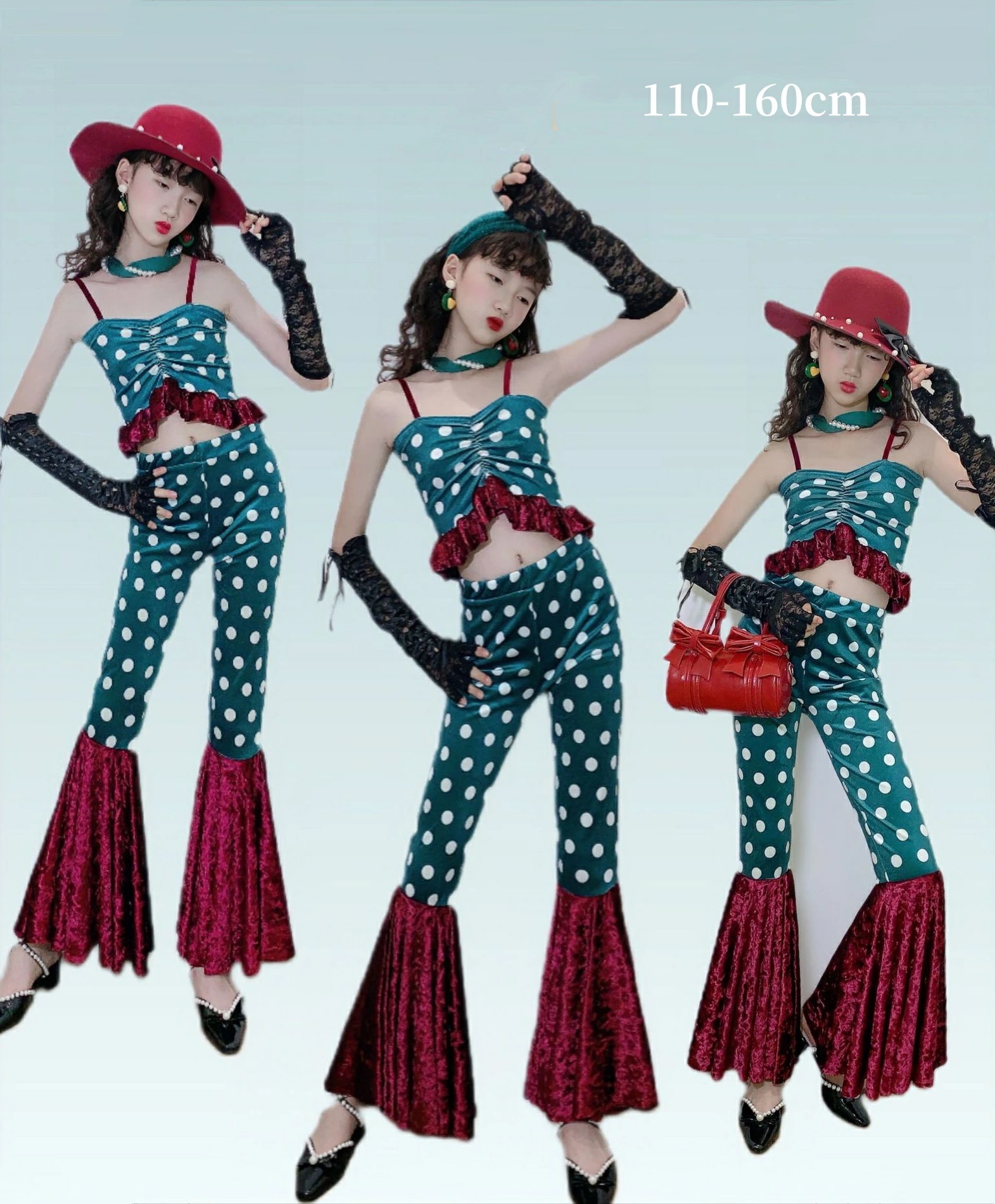 パンタロン ガールズ キッズダンス衣装 レトロ ファッションショー 110-160cm チアダンス グリーン チーム ステージ 緑赤 イベント ジャズダンス ベルボトム 演出服 2点セット子供ダンス