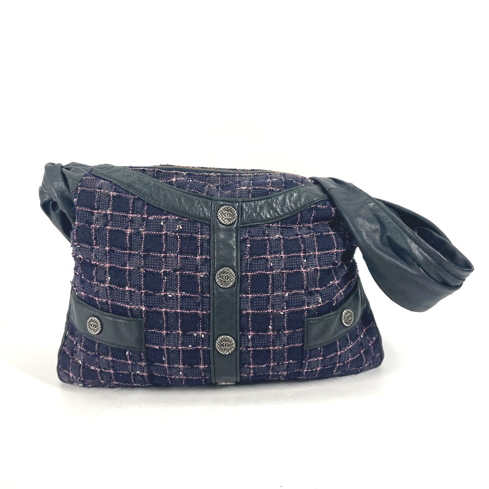 ショルダーバッグ ガールシャネル ボタン CC ココマーク 斜め掛け ツイード ネイビー