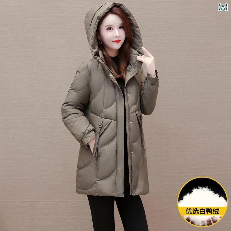 ジャケット ダウンジャケット レディース 厚手 暖かい ダウン 女性 冬 ミディアム フード ホワイトダックダウン