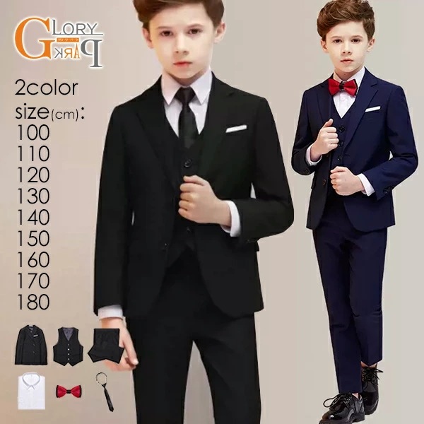 子供スーツ 卒業式 演奏会 結婚式 フォーマル キッズスーツ タキシード ジュニア 七五三 ピアノ発表会 入学式 制服 入園式 6点セットブラック ブルー 男の子 靴追加可 100 110 120 1