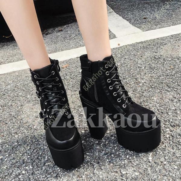 15cm レディース ショートブーツ 厚底 黒 太ヒール レースアップ サイドジッパー 編み上げブーツ 滑り止め 歩きやすい 美脚 疲れない 安定感 レディース 4,495円